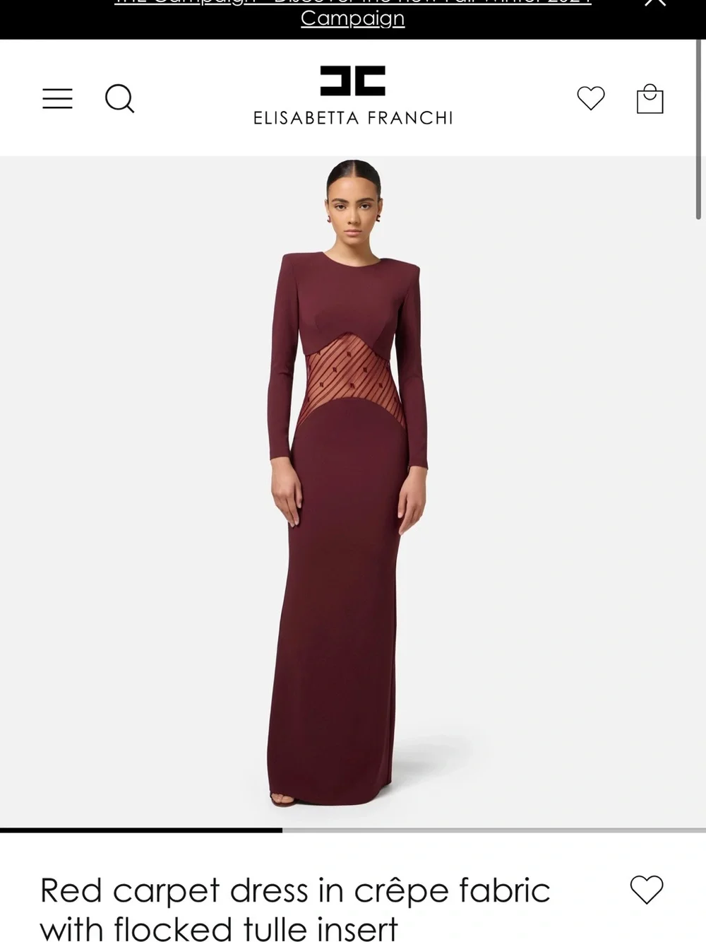 Elisabetta Franchi Burgundy Long-Sleeve Maxi Dress with Sheer Flocked Waist
